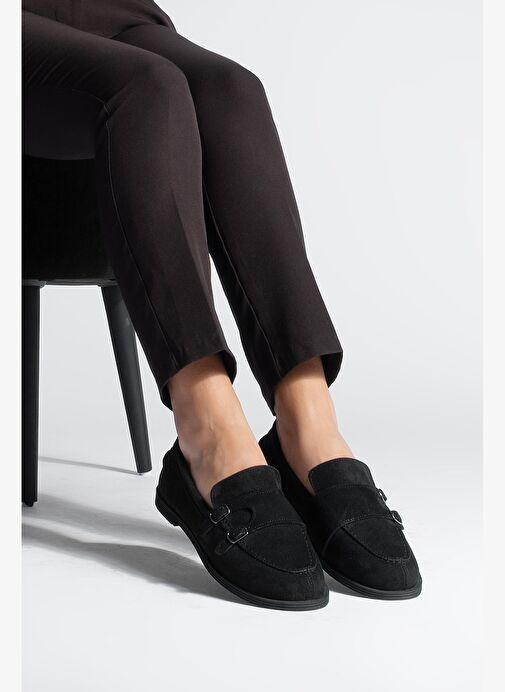 Kadın Loafer Tokalı Çift Bantlı Günlük Ayakkabı Ovora - Siyah Süet - Görsel 3