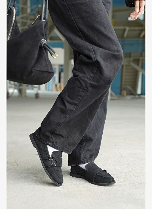 Kadın Loafer Tokalı Çift Bantlı Günlük Ayakkabı Ovora - Siyah Süet - Görsel 5