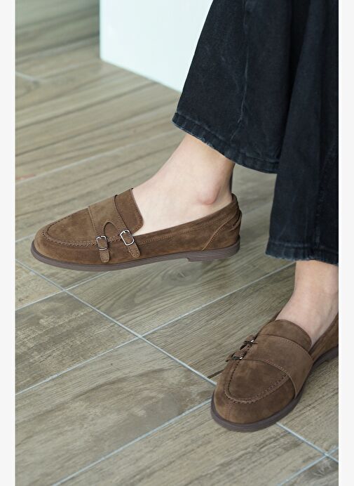 Kadın Loafer Makosen Tokalı Günlük Ayakkabı Ovora Kahve Süet - Görsel 3