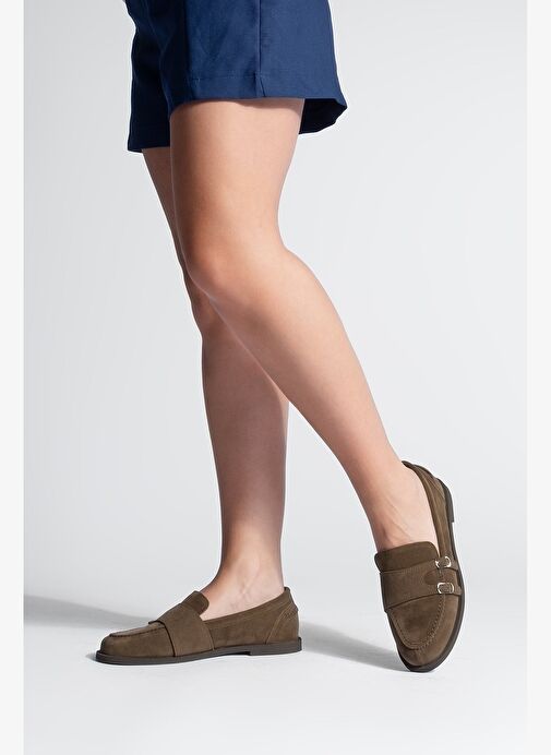 Kadın Loafer Makosen Tokalı Günlük Ayakkabı Ovora Kahve Süet - Görsel 6