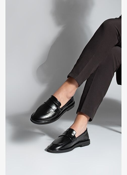 Kadın Loafer Düz Taban Makosen Günlük Ayakkabı Riston Siyah Rugan - Görsel 5