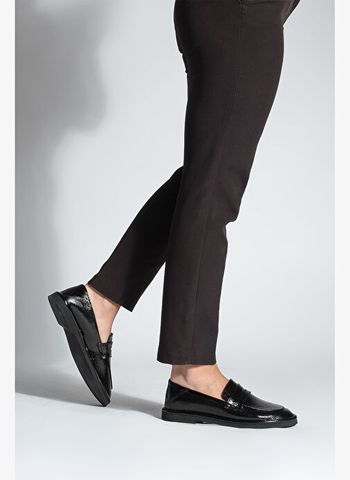 Kadın Loafer Düz Taban Makosen Günlük Ayakkabı Riston Siyah Rugan - Görsel 7