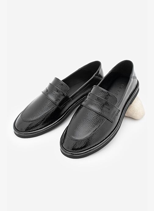 Kadın Loafer Düz Taban Makosen Günlük Ayakkabı Riston Siyah Rugan - Görsel 2