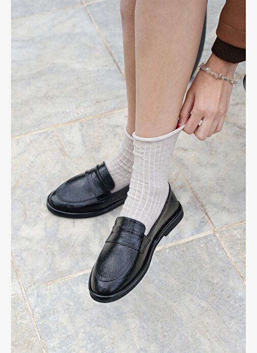 Kadın Loafer Düz Taban Makosen Günlük Ayakkabı Riston Siyah Rugan - Görsel 3