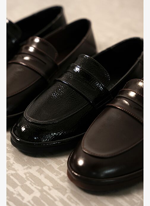 Kadın Loafer Düz Taban Makosen Günlük Ayakkabı Riston Siyah Rugan - Görsel 6