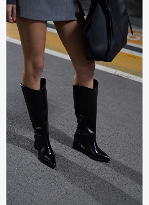 Kadın Sivri Burun Kalın Topuklu Fermuarsız Topuklu Çizme Tines Siyah - Görsel 3