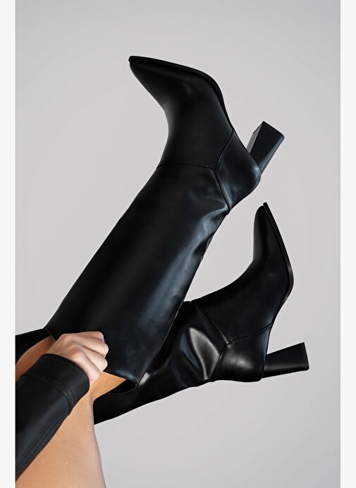 Kadın Sivri Burun Kalın Topuklu Fermuarsız Topuklu Çizme Tines Siyah - Görsel 7