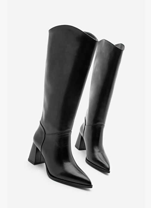 Kadın Sivri Burun Kalın Topuklu Fermuarsız Topuklu Çizme Tines Siyah - Görsel 2