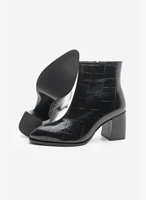 Kadın Sivri Burun Dikiş Detaylı Kalın Topuklu Bot Verika Siyah Croco - Görsel 8