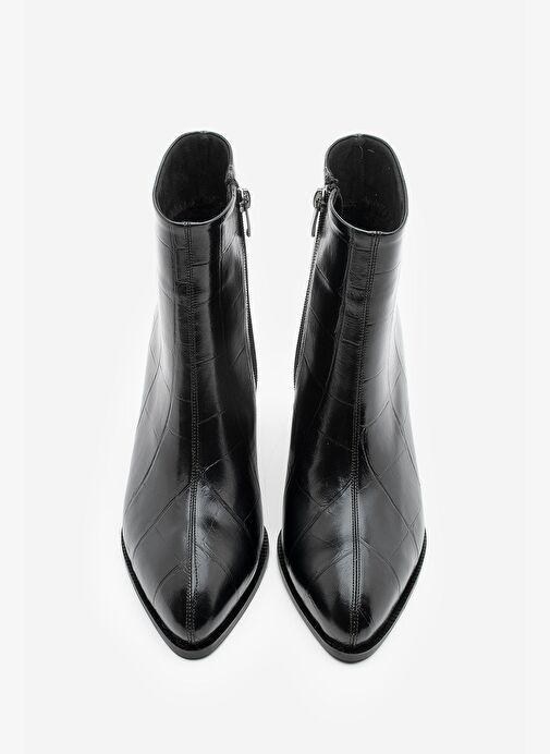 Kadın Sivri Burun Dikiş Detaylı Kalın Topuklu Bot Verika Siyah Croco - Görsel 7