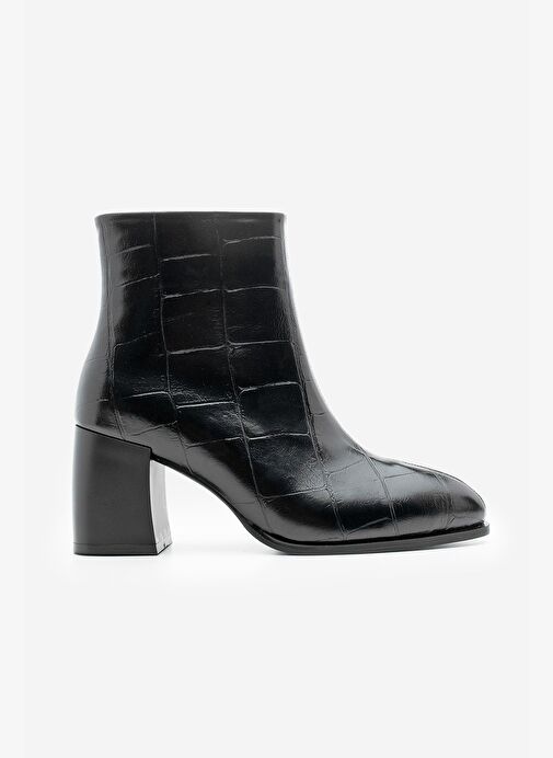 Kadın Sivri Burun Dikiş Detaylı Kalın Topuklu Bot Verika Siyah Croco - Görsel 4
