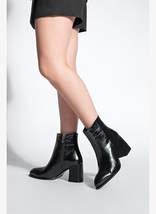 Kadın Sivri Burun Dikiş Detaylı Kalın Topuklu Bot Verika Siyah Croco - Görsel 5