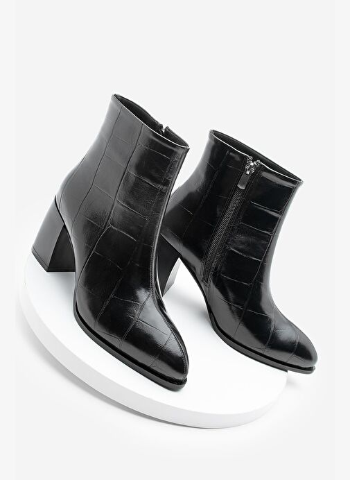 Kadın Sivri Burun Dikiş Detaylı Kalın Topuklu Bot Verika Siyah Croco - Görsel 2