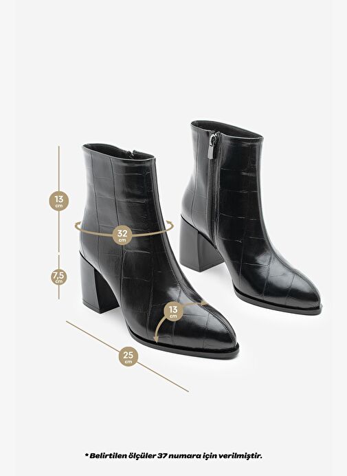 Kadın Sivri Burun Dikiş Detaylı Kalın Topuklu Bot Verika Siyah Croco - Görsel 9