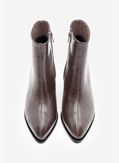 Kadın Sivri Burun Dikiş Detaylı Kalın Topuklu Bot Verika Kahve Croco - Görsel 7