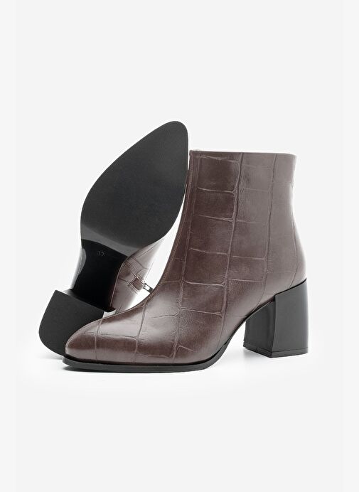 Kadın Sivri Burun Dikiş Detaylı Kalın Topuklu Bot Verika Kahve Croco - Görsel 8