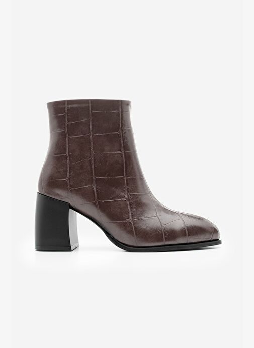 Kadın Sivri Burun Dikiş Detaylı Kalın Topuklu Bot Verika Kahve Croco - Görsel 4