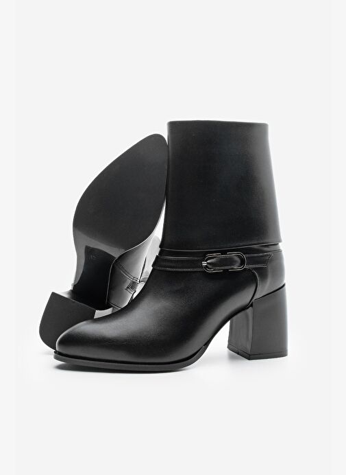 Kadın Sivri Burun Kemer Detaylı Kalın Topuklu Bot Taluva Siyah - Görsel 8