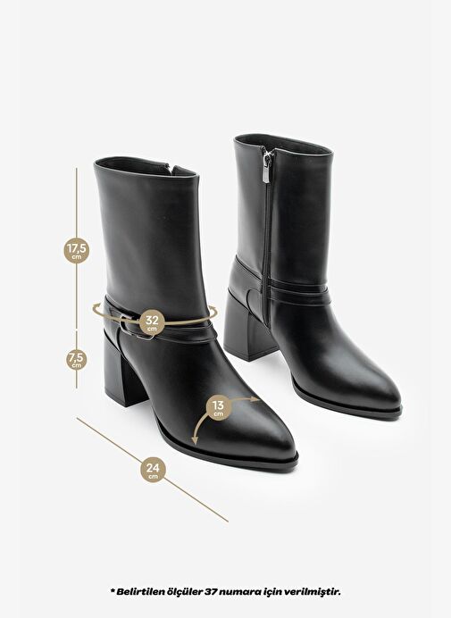Kadın Sivri Burun Kemer Detaylı Kalın Topuklu Bot Taluva Siyah - Görsel 9