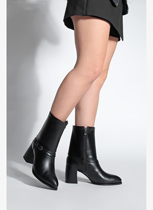 Kadın Sivri Burun Kemer Detaylı Kalın Topuklu Bot Taluva Siyah - Görsel 7