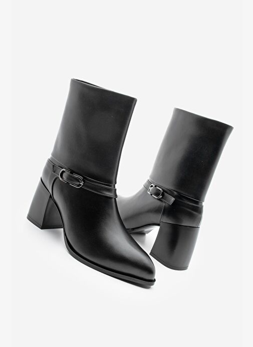 Kadın Sivri Burun Kemer Detaylı Kalın Topuklu Bot Taluva Siyah - Görsel 6