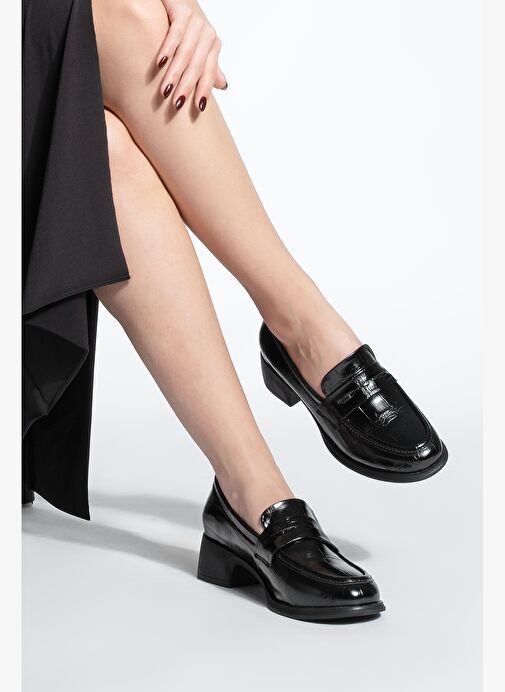 Kadın Kalın Topuklu Loafer Croco Günlük Ayakkabı Nufit Siyah - Görsel 5