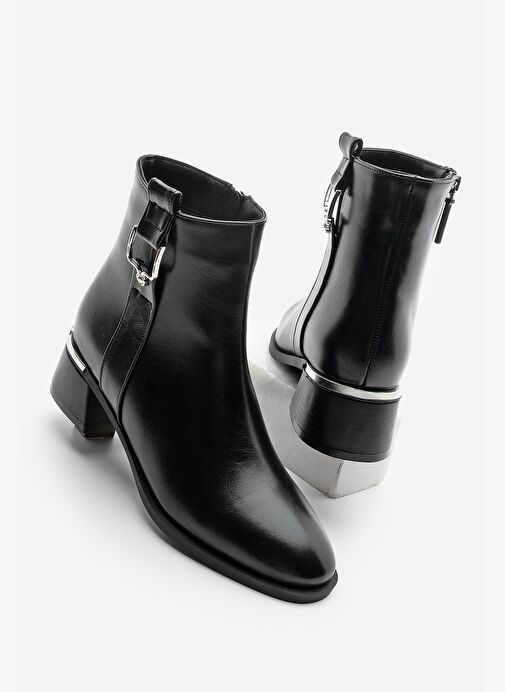 Kadın Kalın Topuk Tokalı Metal Ökçe Topuklu Bot Dimon Siyah - Görsel 2