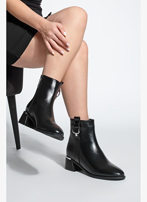 Kadın Kalın Topuk Tokalı Metal Ökçe Topuklu Bot Dimon Siyah - Görsel 5