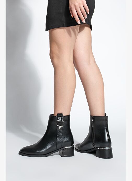 Kadın Kalın Topuk Tokalı Metal Ökçe Topuklu Bot Dimon Siyah - Görsel 3