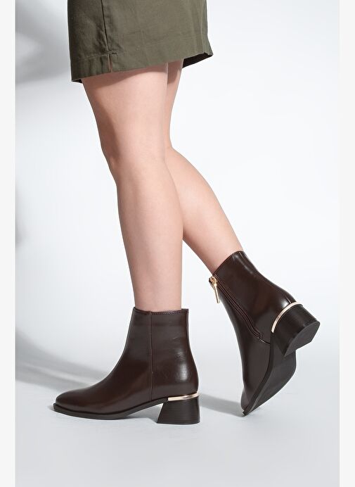 Kadın Metal Ökçe Kalın Topuklu Bot Lumbi Kahve - Görsel 6