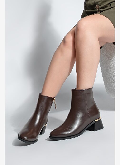 Kadın Metal Ökçe Kalın Topuklu Bot Lumbi Kahve - Görsel 4