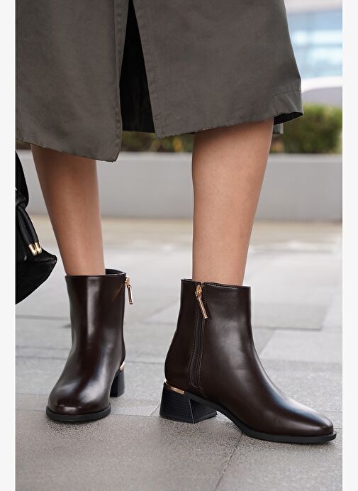 Kadın Metal Ökçe Kalın Topuklu Bot Lumbi Kahve - Görsel 3