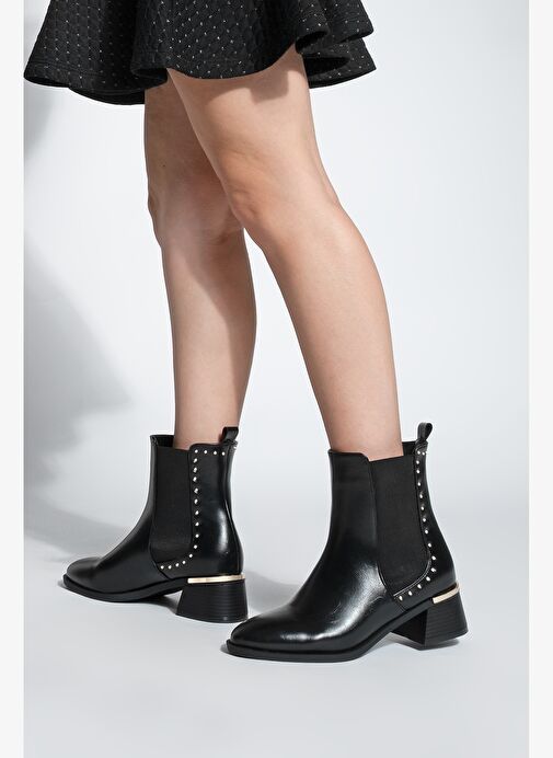 Kadın Zımba Detay Altın Ökçe Lastikli Topuklu Bot Ernaz Siyah - Görsel 6