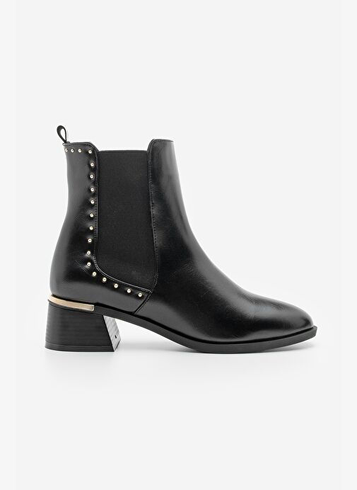 Kadın Zımba Detay Altın Ökçe Lastikli Topuklu Bot Ernaz Siyah - Görsel 5