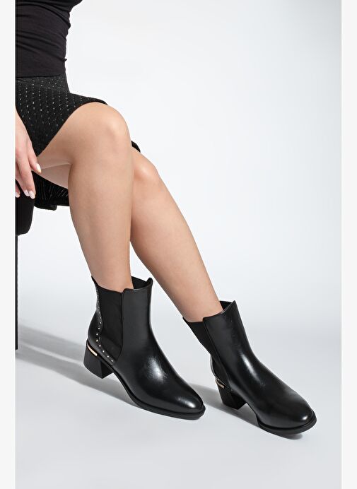 Kadın Zımba Detay Altın Ökçe Lastikli Topuklu Bot Ernaz Siyah - Görsel 4