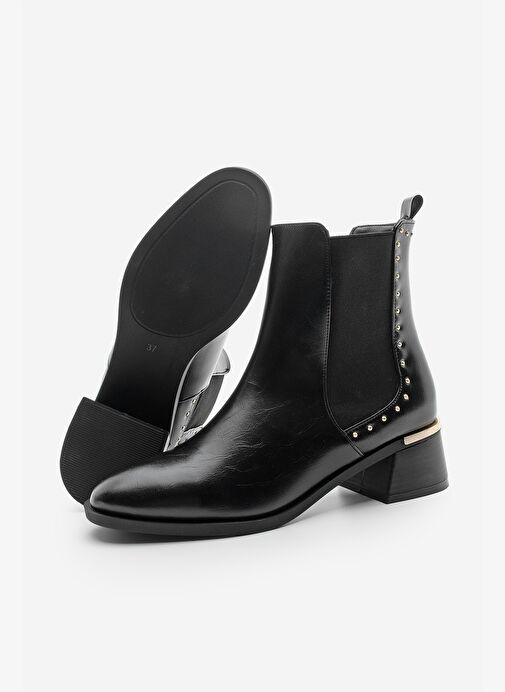 Kadın Zımba Detay Altın Ökçe Lastikli Topuklu Bot Ernaz Siyah - Görsel 9