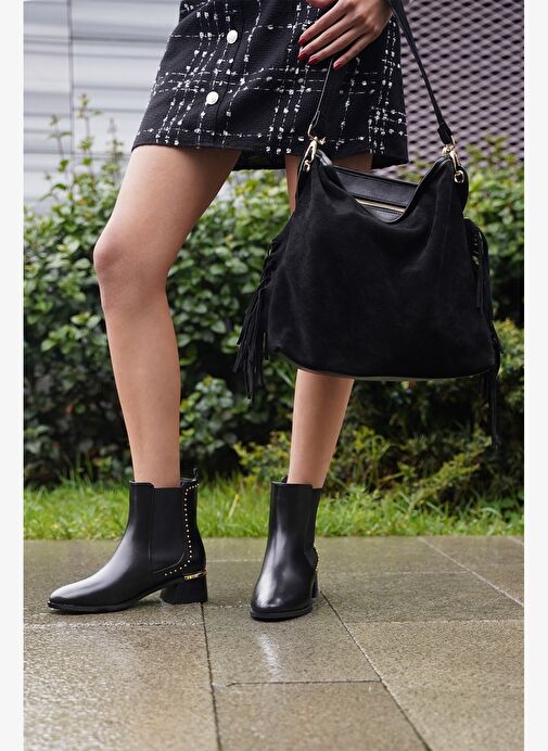 Kadın Zımba Detay Altın Ökçe Lastikli Topuklu Bot Ernaz Siyah - Görsel 3