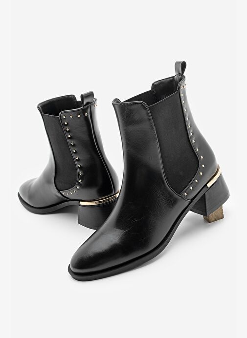 Kadın Zımba Detay Altın Ökçe Lastikli Topuklu Bot Ernaz Siyah - Görsel 2
