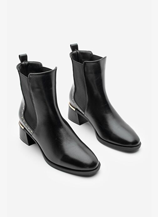 Kadın Zımba Detay Altın Ökçe Lastikli Topuklu Bot Ernaz Siyah - Görsel 7