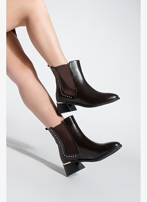 Kadın Zımba Detay Altın Ökçe Lastikli Topuklu Bot Ernaz Kahve - Görsel 3