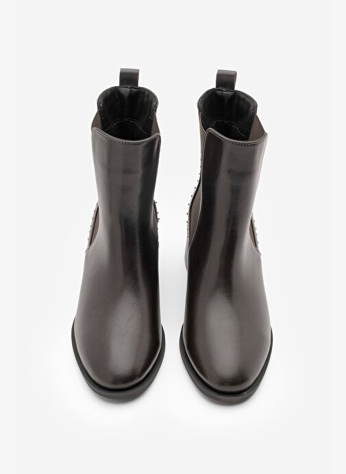 Kadın Zımba Detay Altın Ökçe Lastikli Topuklu Bot Ernaz Kahve - Görsel 7