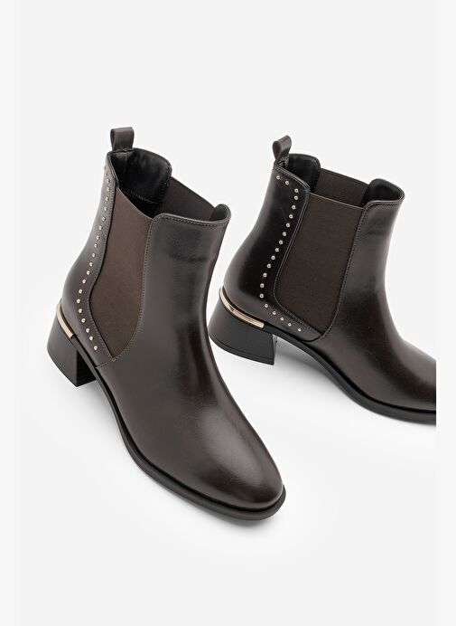 Kadın Zımba Detay Altın Ökçe Lastikli Topuklu Bot Ernaz Kahve - Görsel 2