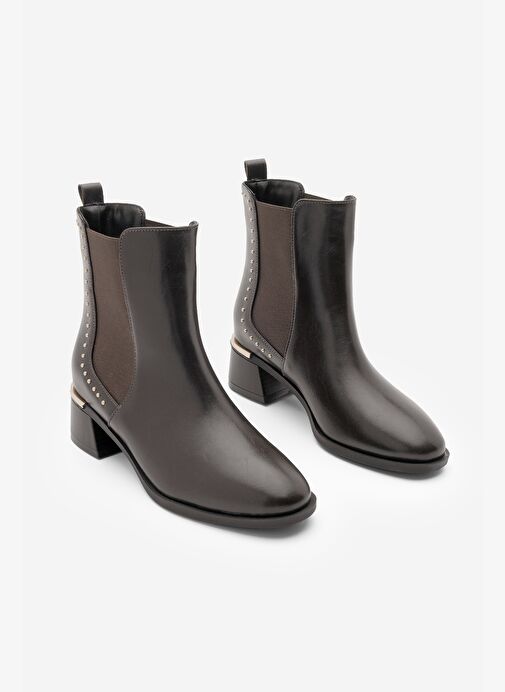 Kadın Zımba Detay Altın Ökçe Lastikli Topuklu Bot Ernaz Kahve - Görsel 6