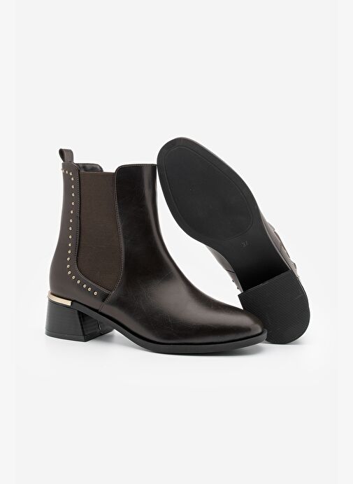 Kadın Zımba Detay Altın Ökçe Lastikli Topuklu Bot Ernaz Kahve - Görsel 8