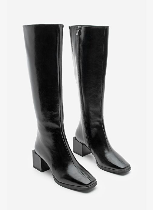 Kadın Küt Burun Fermuarlı Kalın Topuklu Çizme Lusso Siyah - Görsel 6