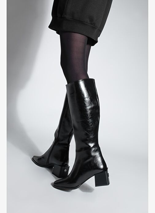 Kadın Küt Burun Fermuarlı Kalın Topuklu Çizme Lusso Siyah - Görsel 3