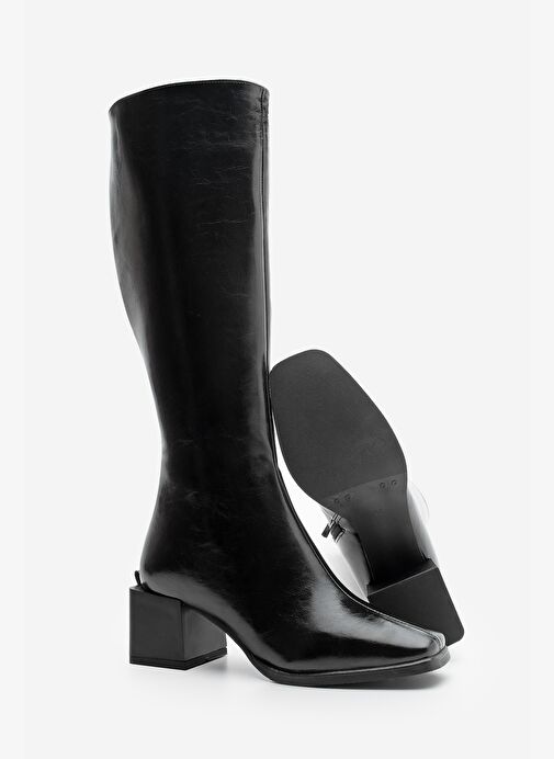 Kadın Küt Burun Fermuarlı Kalın Topuklu Çizme Lusso Siyah - Görsel 8