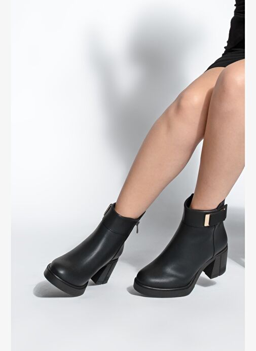 Kadın Tokalı Fermuarlı Kalın Topuklu Bot Nuvos Siyah - Görsel 2