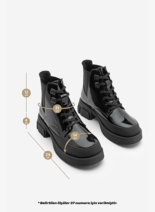 Kadın Bağcıklı Lastikli Kalın Topuklu Kısa Postal Bot Kenvo Siyah Rugan - Görsel 9