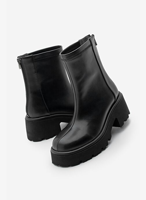 Kadın Arkadan Fermuarlı Kalın Topuklu Günlük Bot Lofani Siyah - Görsel 2